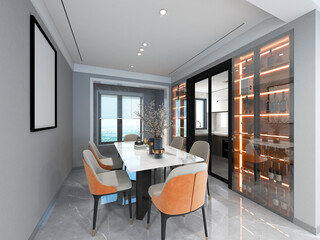3D rendering, spacious dining room design next to the modern kitchen, with a beautiful dining table and greenery