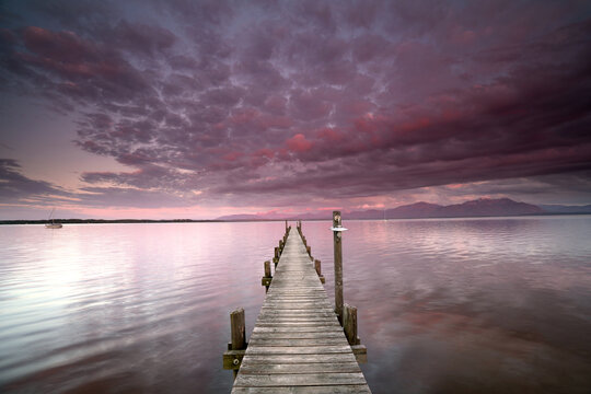 pier in sunset, old wooden jetty