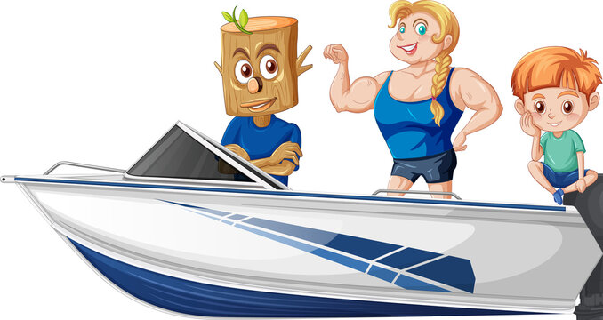 Boy and girl standing on a speeding boat on a white background