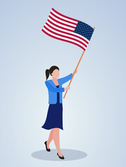 girl waving of USA flag cartoon