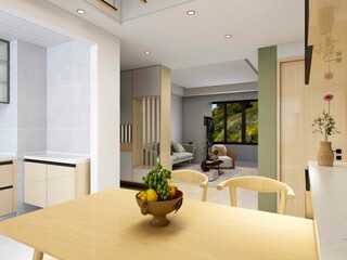 3D rendering, spacious dining room design next to the modern kitchen, with a beautiful dining table and greenery