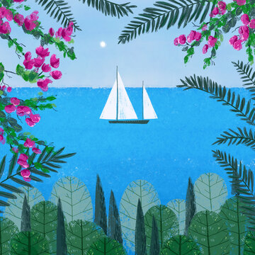 Landscape with blue sea, white sailboat and forest framed by palm leaves and bougainvillea flowers