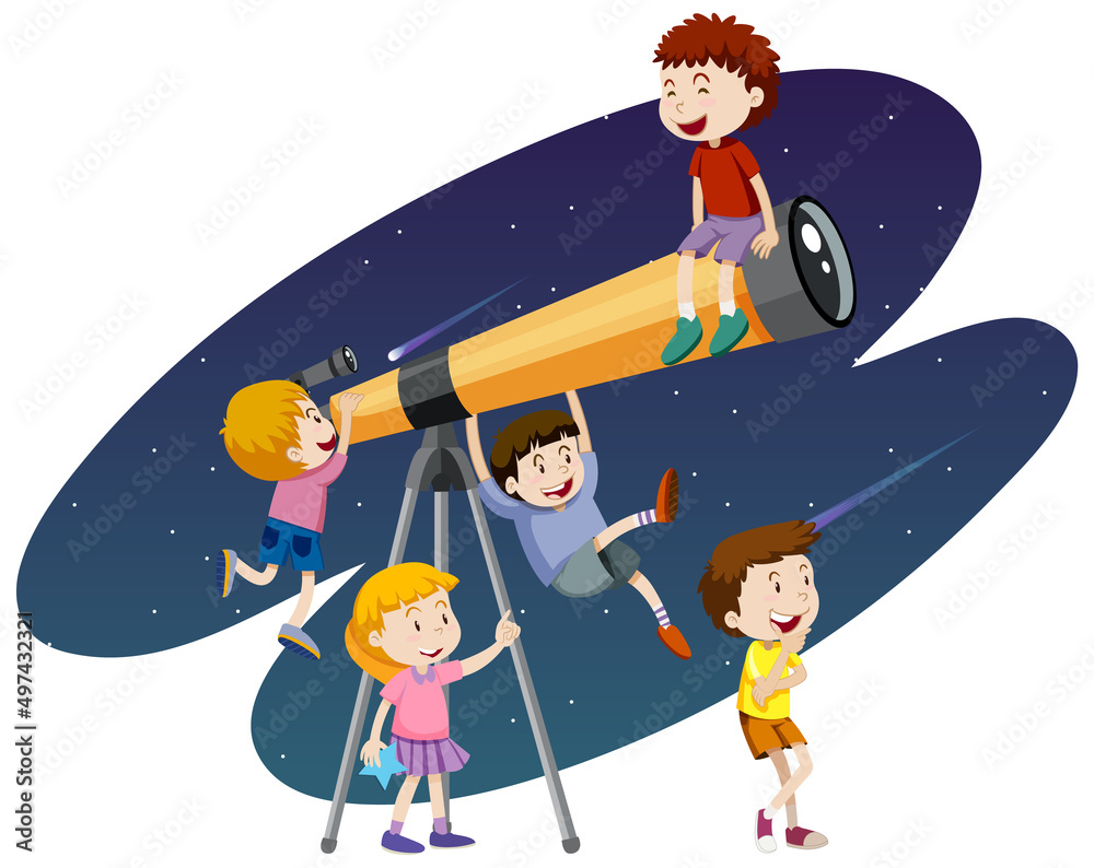 Poster Astronomy theme with kids looking at telescope