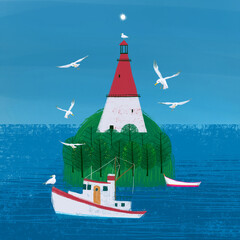 Landscape with blue sea and sky, white steamboat, small island, lighthouse and forest. Illustration