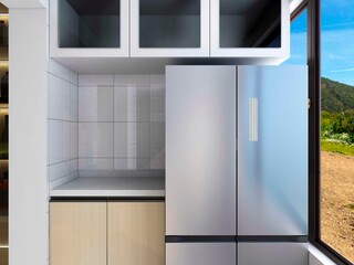 3D rendering,Modern family kitchen design, new cabinets and kitchenware with refrigerators, sunlight from the window.