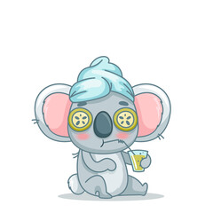 Fototapeta premium Koala makes spa treatments. He sits with cucumbers on his eyes, a towel on his head and silderea smoothies in his hands. Vector illustration for designs, prints, patterns. Isolated on white background