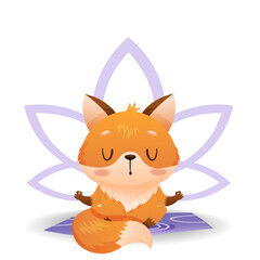 Baby fox is meditating and doing yoga on a mat and a lotus sign in the background. Drawn in cartoon style. Vector illustration for designs, prints and patterns. Isolated on white background