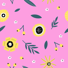 Seamless pattern with flowers, berries and leaves. Great for fabric or wrapping paper
