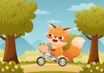 Baby fox rides a bicycle with a bouquet of flowers in a basket. Drawn in cartoon style. Illustration for designs, prints, patterns. In the background there is a blue sky, bushes, trees and grass.