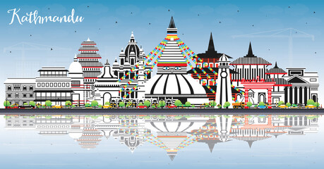 Fototapeta premium Kathmandu Nepal City Skyline with Color Buildings, Blue Sky and Reflections.