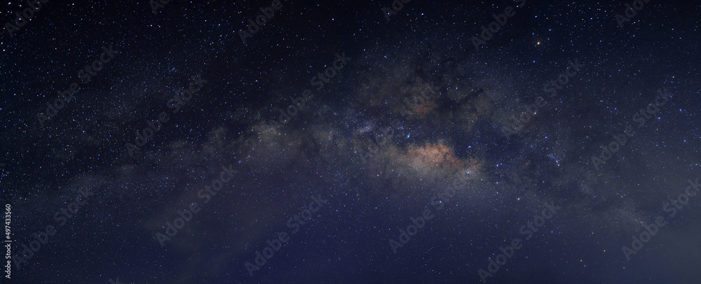 Wall mural Milky way in the night sky and stars on dark background with noise and grain. Photo taken with long exposure and white balance selected.	