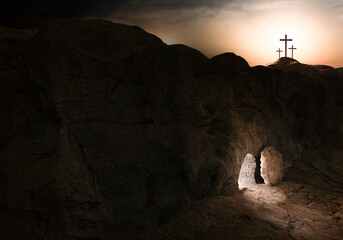 예수 그리스도의 죽음과 부활 그리고 밝은 빛의 무덤과 골고다 언덕의...