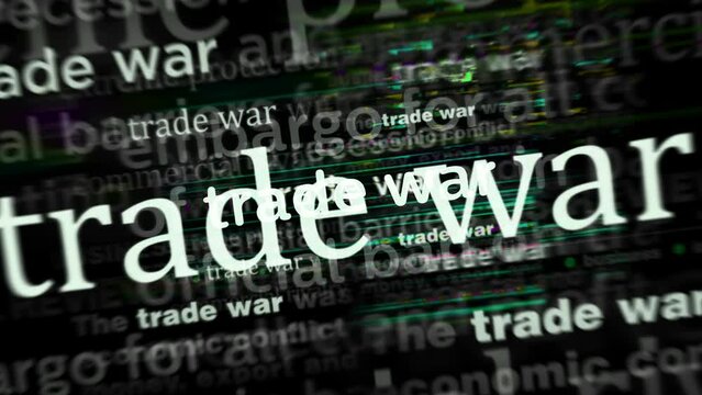Headline news across international media with Trade war import and export tax tariff. Abstract concept of news titles broadcasting on noise displays loop. TV glitch seamless and looped animation.
