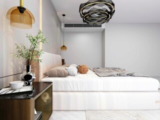 3D rendering ,The elegant and spacious bedroom design of the modern apartment has a coat cabinet beside the big bed