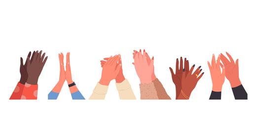 Hands of grateful people clap and congratulate set vector illustration. Cartoon multicultural audience greeting, compliment and bravo ovation of clients isolated on white. Support, applause concept