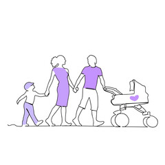Continuous line drawing of happy family dad, mom, and child. Dad is driving a stroller. Single line art concept of small family. Vector illustration. Very Peri color.