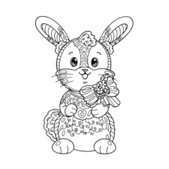 Cute baby bunny smile coloring book page for children with doodle and zentangle elements. Vector outline isolated.