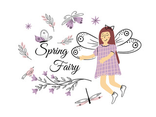 Set of cute hand-drawn Spring flowers. Many bright and beautiful flowers. Vector illustration.