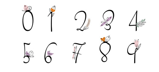 Fototapeta na wymiar Vector set of baby calendar numerals numbers with cute little bunny duck walk, smile, sit isolated on white background. Hand drawn style.
