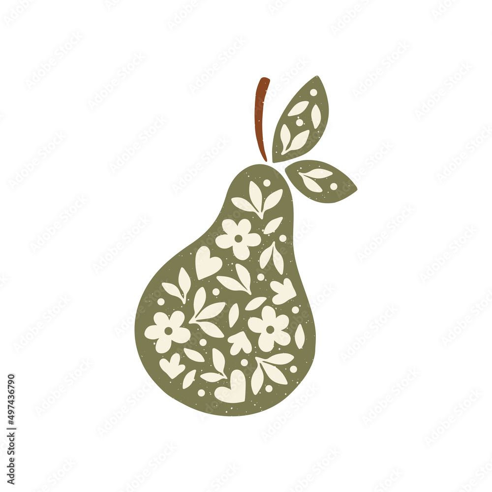 Wall mural floral pear hand drawn vector illustration. fuit silhouette with flower. juicy organic food drawing 