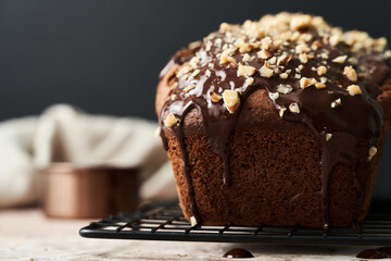 homemade banana cake with chocolate and nuts
