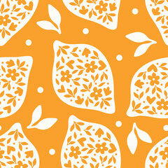 Stoffe zum Nähen Vector lemon fruit seamless pattern. Citrus and leaves isolated on yellow background. Modern botanical print for kitchen textile, wrapping paper, fabric, home decor, scrapbooking.