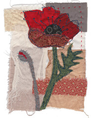 Red poppy textile art, on fabric collage background