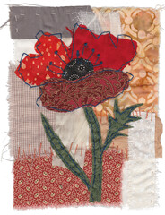 Red poppy in fabric collage, textile art, hand stitching on fabric collage background