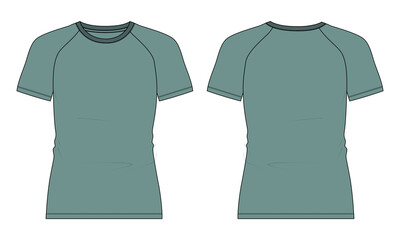 Slim fit Short  Sleeve raglan T shirt Technical Fashion flat sketch Vector Illustration Green Color  template Front and back views isolated on white background.