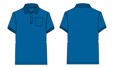 Short sleeve polo shirt Technical fashion flat sketch vector illustration Blue Color  template Front and back views. Apparel Design Mock up. Easy edit and customizable