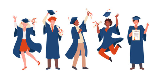 Set of graduate happy excited students. School graduation ceremony, academic cap and robe, high university diploma degree, bachelor studies gaining cartoon vector illustration