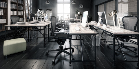 Consstruction Office In Design - panormic black & white 3D Visualization