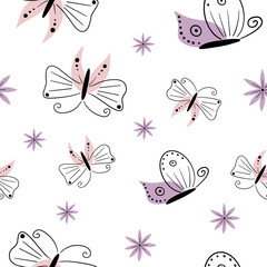 Seamless floral pattern with flying butterflies and flowers in vintage watercolor style