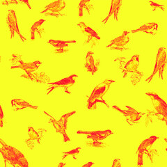 Seamless pattern with floral romantic elements, for your design. Endless texture, sketch humming-birds, watercolor flowers, isolated Vector illustration.