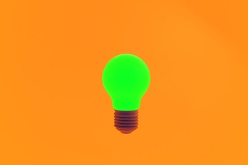 3d rendering of a green light bulb on orange background