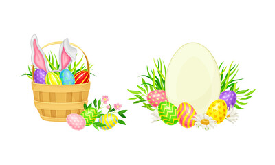 Happy Easter. Colorful holiday eggs in wicker basket, traditional symbol of Easter cartoon vector illustration