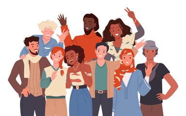 Group of multinational friends. International friendship, young diverse people, multicultural society and teenagers community, networking and communication cartoon vector illustration