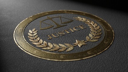 stamp stamped in gilt on a black leather background. Justice stamp. 3d rendering.