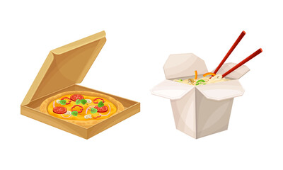 Takeaway food boxes set. Paper containers with pizza and noodles tasty dishes vector illustration