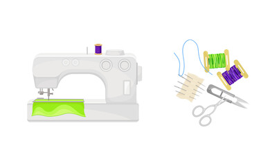 Embroidery equipment and sewing accessories set. Sewing machine and working tools vector illustration