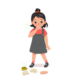 recommend clip art: cute little girl pinching and cover her nose smelling stinky and bad odor trash on the ground holding breath with fingers on nose