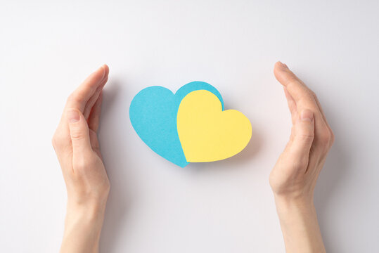 Stop the war in Ukraine concept. Top overhead view photo of girl's hands protecting two yellow and blue hearts on white background