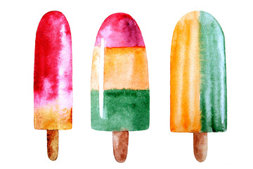 Watercolor drawing of icecream isolated on white background. Hand painted illustration of ruit ice.