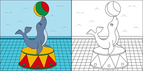Seal circus show suitable for children's coloring page vector illustration