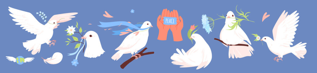 Peace stickers set vector illustration. Cartoon trendy labels collection with hands hold paper card, white pigeons fly with twig, wings isolated on blue background. International peace day concept