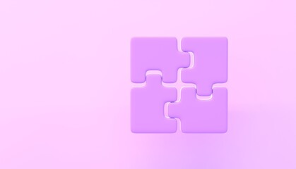 3D Puzzle pieces on pink background, business concept. Teamwork, cooperation, partnership or collaborative development. Purple jigsaw elements or icons, 3D render illustration. Monochrome design