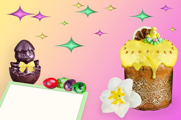 Easter eggs, cake and chocolate chicken on a color gradient background with a text frame. Easter Concept