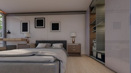Empty framing for your design in bedroom 3d illustration