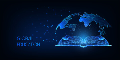 Futuristic global education concept with glowing low polygonal open book and planet map on dark blue - obrazy, fototapety, plakaty