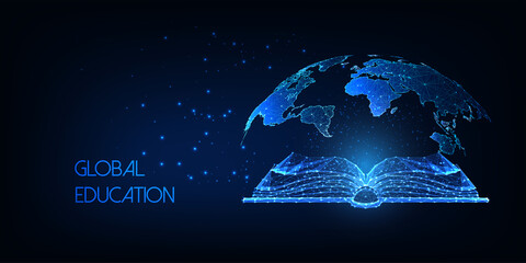 Futuristic global education concept with glowing low polygonal open book and planet map on dark blue